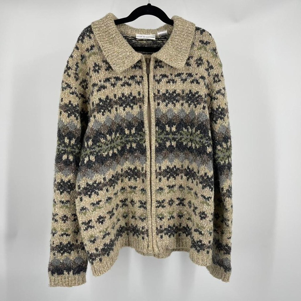 Vintage Cottagecore Fisherman Fair Isle Knit Sweater Wool Blend Large Zip Up